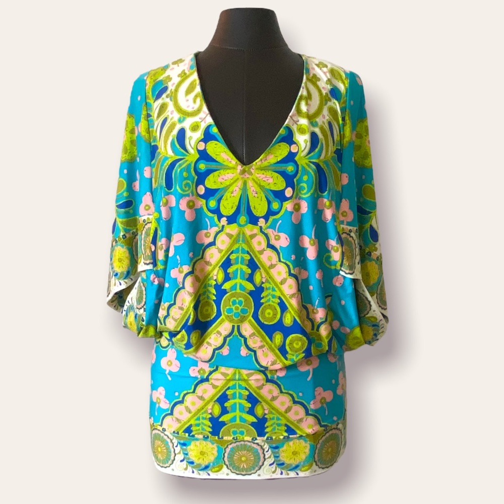 Trina Turk Woodblock Floral Swim; Green, Pink and Blue